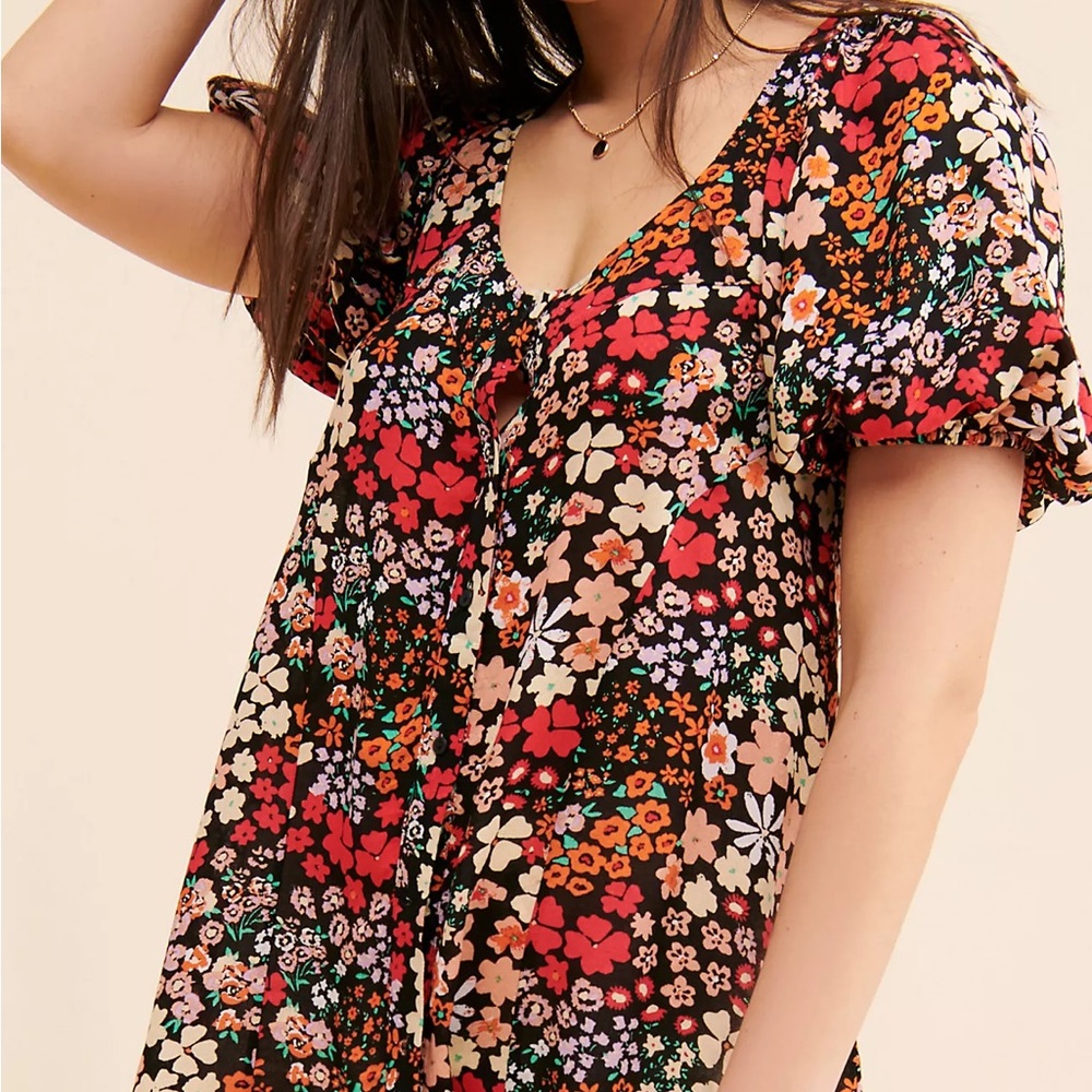 Free People Floral Tunic Top - Red, Pink, Orange, Black